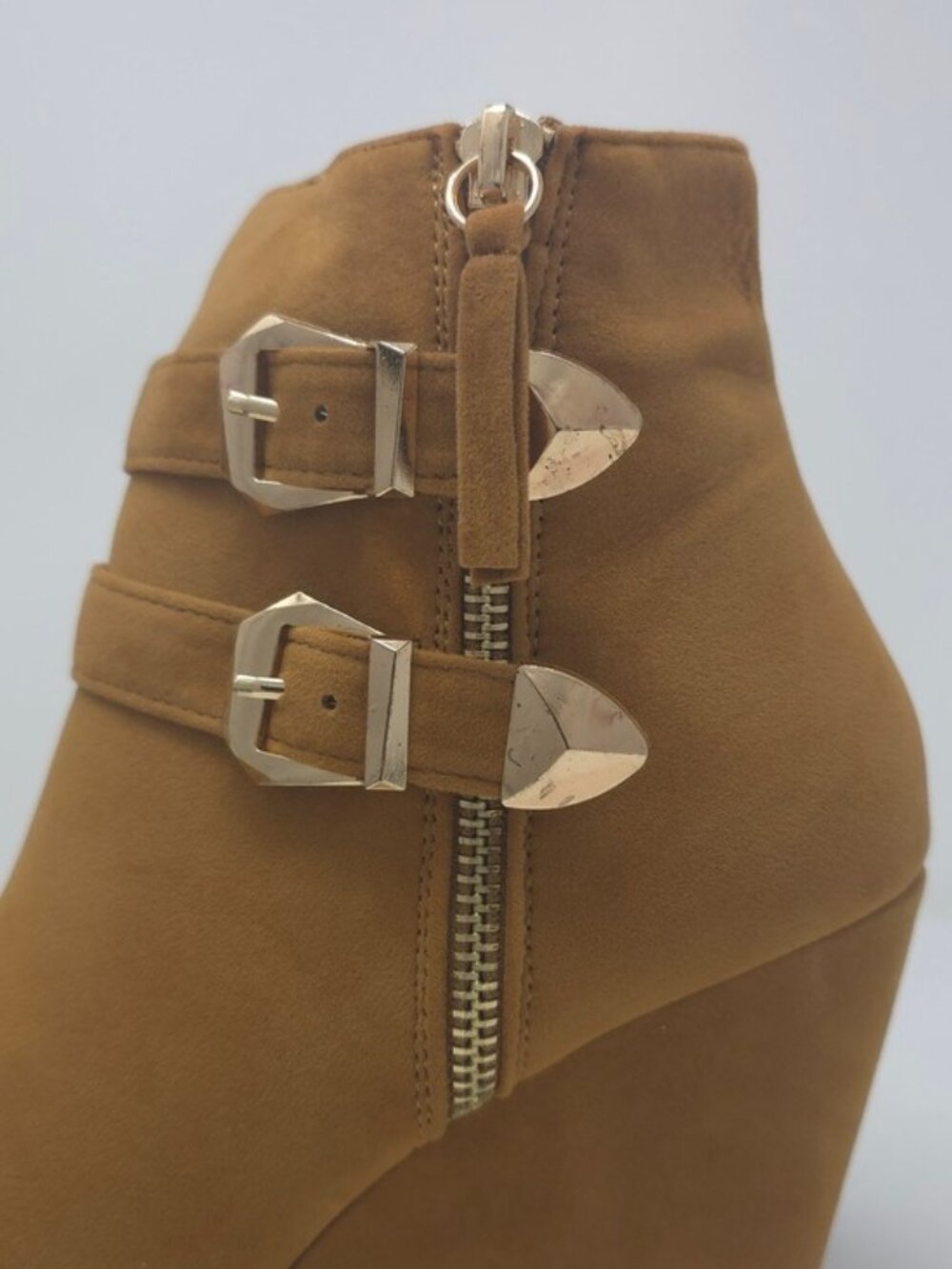 Tan Faux Suede Wedge Ankle Boots Buckle Strap Side Zip Casual Trendy - Picture 7 of 12